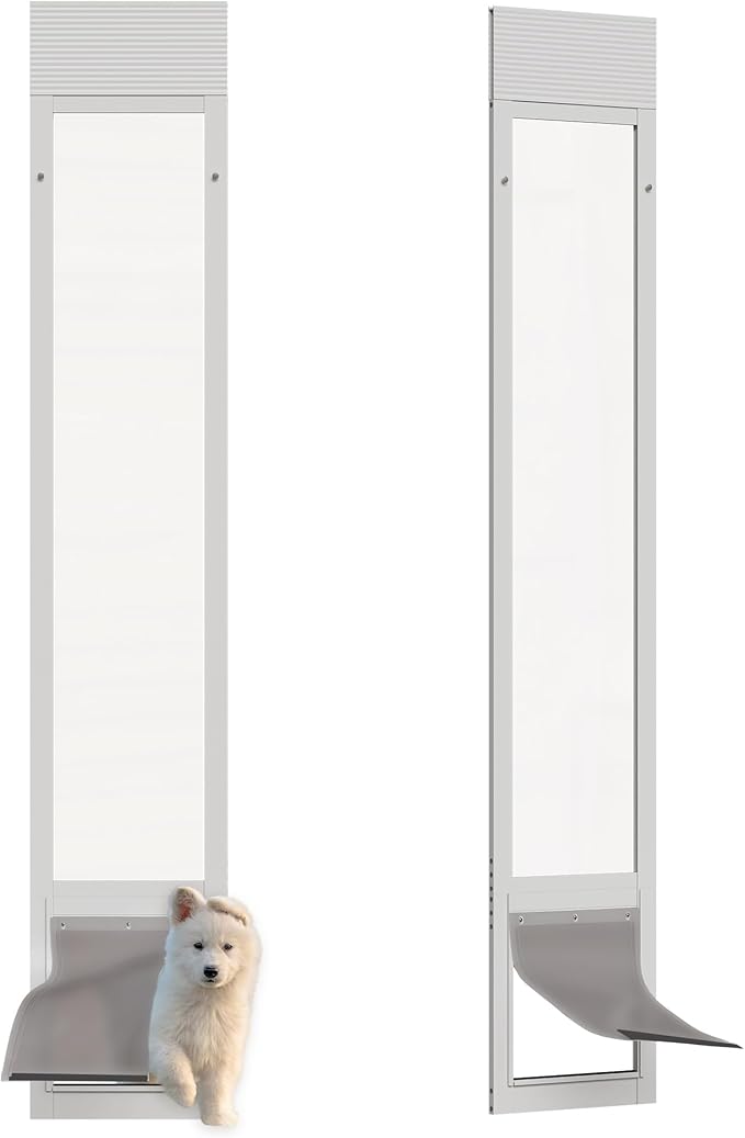 Dog Door for Sliding Glass Doors, Adjustable Height 76 1/8"-80 7/8" Aluminum Frame Tempered Sliding Door Dog Doors Insert with Lock, 7" x 11" Flap Size for Medium Dogs