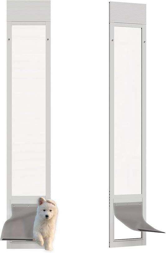 Dog Door for Sliding Glass Doors, Adjustable Height 76 1/8"-80 7/8" Aluminum Frame Tempered Sliding Door Dog Doors Insert with Lock, 7" x 11" Flap Size for Medium Dogs