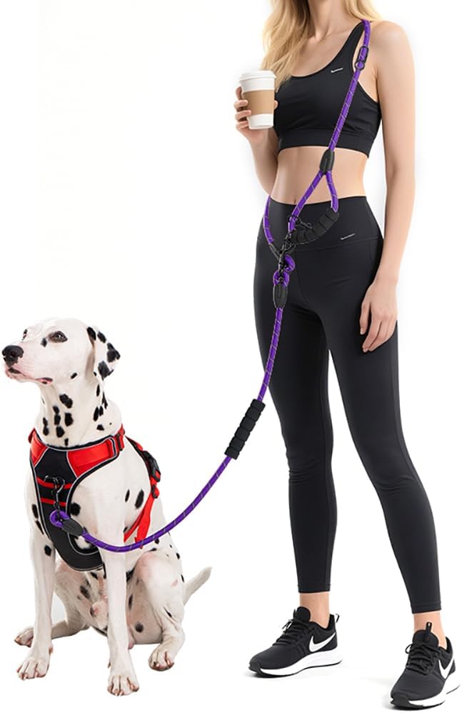 Cymiler Hands Free Dog Leash, 8 Ft Reflective Cross-Body Pet Rope Leashes with Sponge Handle, Heavy Duty Nylon, for Running, Hiking, Training, Waist Leash for Small Medium Large Dogs (Purple)