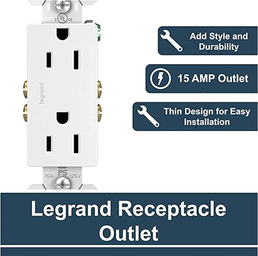 Legrand - Pass & Seymour Power Outlet, 15 Amp Tamper Resistant Outlet to Use as Wall Outlet and Duplex Decorator Outlet, White Electrical Outlet, 885WCC21, 1 Count (Pack of 2)