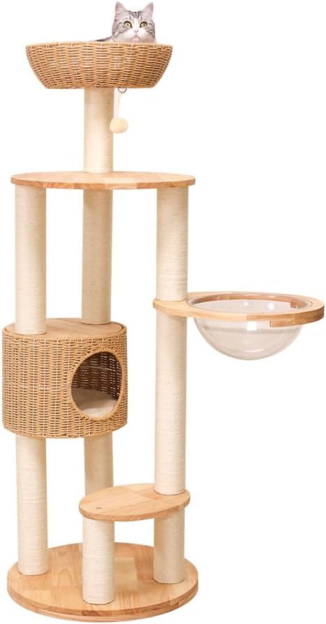58.5'' Wooden Cat Tree Tower for Indoor Cats, Rattan Cat Condo with Acrylic Bowl, Natural Wood Cat Furniture for Large Cats, Modern Multi-Level Cat House (Brown)