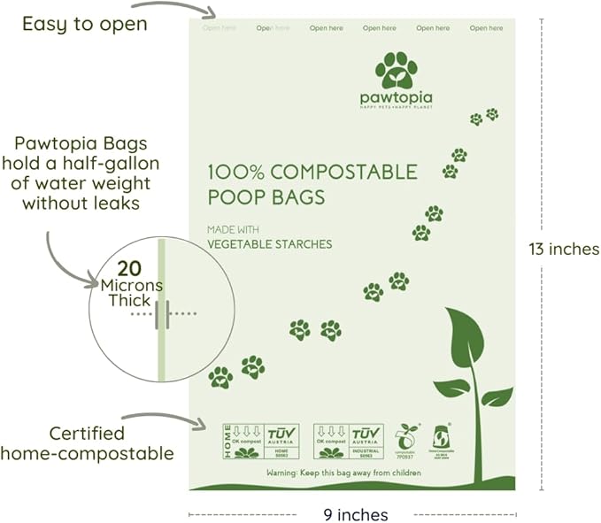 Pawtopia Pet Waste Bag Duo - 120 Standard Sized-Dog Poop Bags (8 rolls) + 100 Extra Large Cat Litter Bag with Handles (1 single roll), Vegetable Starches, Tuv Austria, Leak-Proof, Yard Pickup