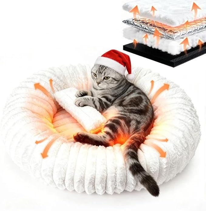 Self Warming Cat Bed, Donut Pet Bed for Indoor Cats and Small Dogs, Self-Heating Dog Bed with Non-Slip Bottom, Winter Comfort Dog Beds for Puppies, Washable & Portable Egg Tart Shape (S)