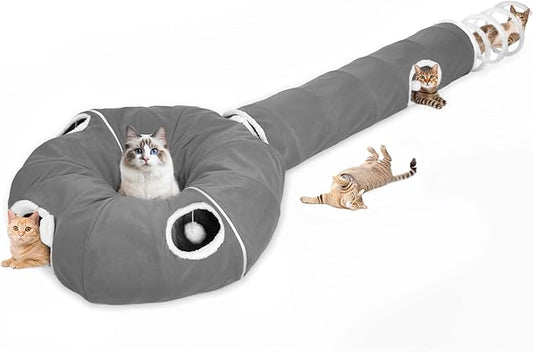 Ownpets 2-in-1 Cat Tunnel, Large Lollipop Shape Cat Tunnel Toy with Fluffy Balls, Spiral Toy, Plush Collapsible Cat Cave Hideout Donut Tunnel for Multi Kitten Puppy Rabbit (Grey)