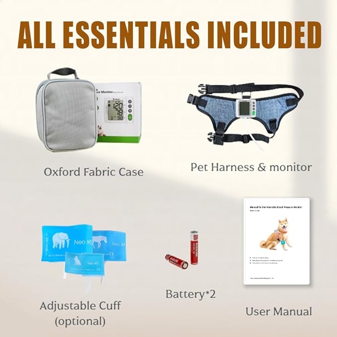Wearable Digital Veterinary Blood Pressure Monitor for Cats & Dogs, 3 Cuff Sizes (4.2–15cm) Adjustable Range, Automatic BP & Heart Rate Measurement, Dual-User 120 Memory