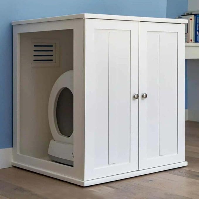 THE REFINED FELINE Refined Self-Cleaning Litter Box Cabinet, Wooden Cat Litter Box Enclosure for Automatic Litter Boxes, White, Shaker.