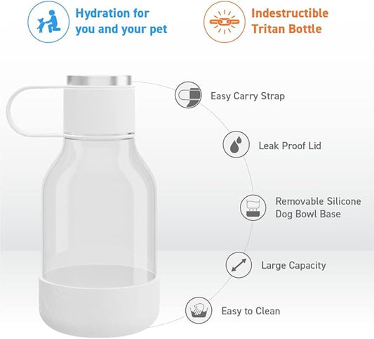 Asobu Buddy Bottle a Stainless Steel Insulated Water Bottle for with Removable Dog Water Bowl and Dog Food and Treat Storage Bowl (White, Tritan 50 oz Water Bottle with Bowl)