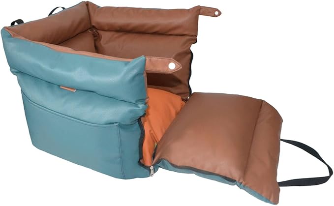 Dog Car Seat for Large Dogs, Large Leather Dog Car Bed with Storage Pocket, Waterproof PVC Leather Booster Seat Travel Bed for Front & Back Seat, Clip-On Safety Leash (Blue/Brown)