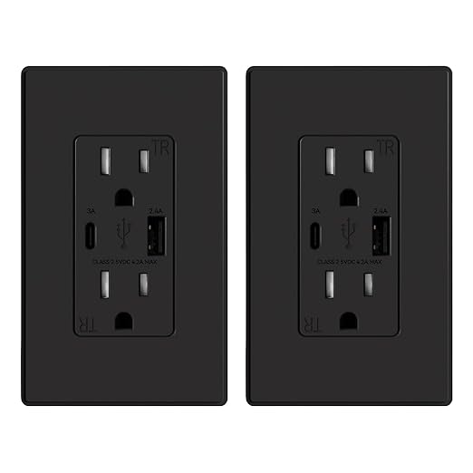 ELEGRP USB Charger Wall Outlet, USB Receptacle with Type A & Type C USB Ports, 15 Amp Duplex Tamper Resistant Receptacle Plug NEMA 5-15R, Wall Plate Included, UL Listed (2 Pack, Matte Black)
