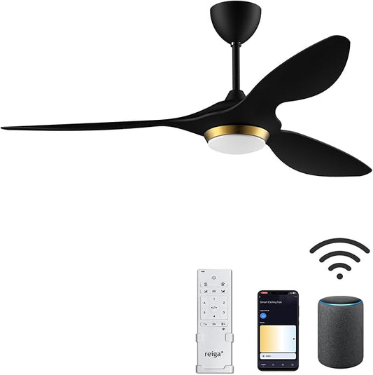 reiga 52 Inch Black Modern Ceiling Fans with Lights and Remote Control, Smart WiFi 3 Blades Quiet DC Motor for Living Room Bedroom Patio Garage, ETL Listed