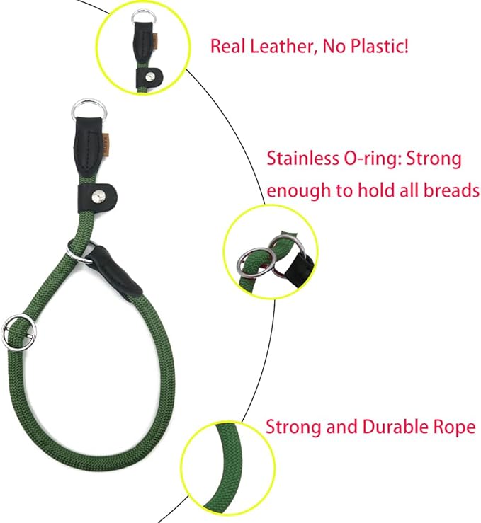 Braided Round Martingale Dog Collar, Training Collar with Slidable Stop Ring and Adjustable Stopper - Ideal for Extra Large Dogs (XL(1/2") - 24" Long, Dark Green)