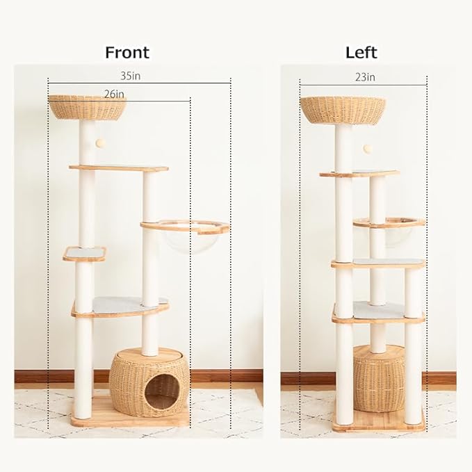 Wood Cat Tree for Large Cat, 63-Inch Tall Cat Tower with Scratching Post for Indoor Cats, Multi-Level Cat Condo with Hand-Woven Cat Bed and Acrylic Bowl Easy to Clean (White 81007s)