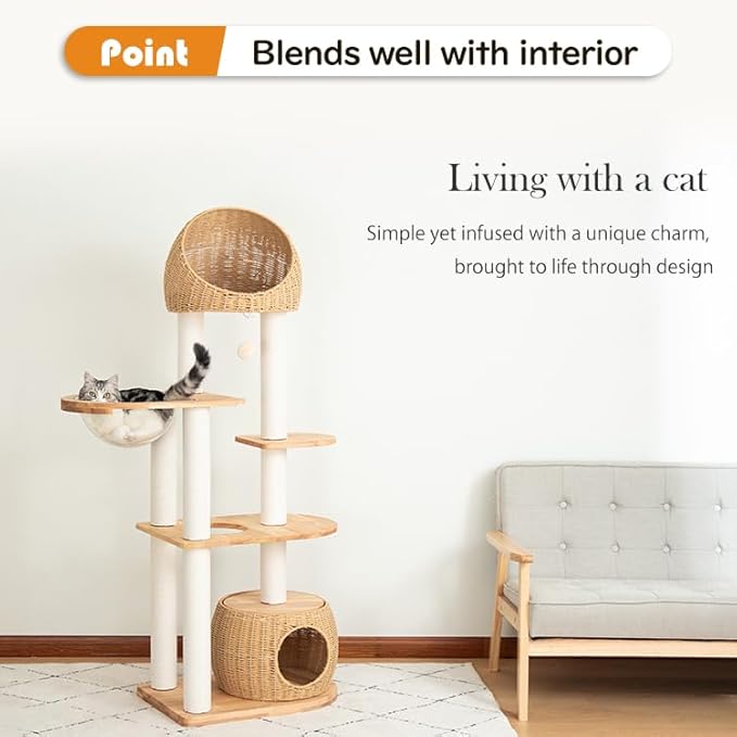 Wood Cat Tree for Large Cat, 60-Inch Tall Cat Tower with Scratching Post for Indoor Cats, Multi-Level Cat Condo with Hand-Woven Cat Bed and Acrylic Bowl Easy to Clean (Brown-81004S)
