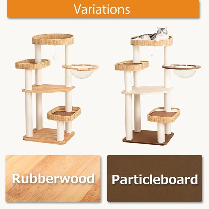 48'' Natural Wood Cat Tree with Rattan Beds & Clear Acrylic Bowl, Multi-Level Cat Tower for Indoor Cats, Modern Wooden Cat Condo with Scratch Posts (Dark Brown)