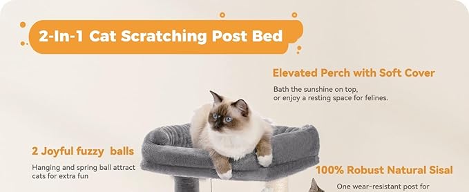 Cat Scratching Post with Soft Perch Nest Sisal-Covered Scratch Posts and Pads, and Cat Ded with Two Plush Balls is Perfect for Playing with Kittens and Cats
