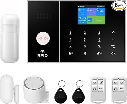 YBJ Wireless Home Alarm System, DIY WiFi Alarm System for Home Security with APP Alert, 8-Piece-Kit (Motion Detector, Door Sensors, Remote Control, Siren), Compatible with Alexa and Google Assistant