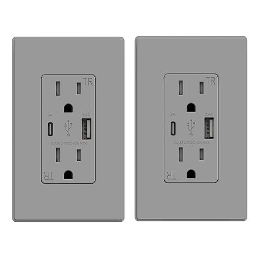 ELEGRP USB Wall Outlet, USB A & C Ports, 15 Amp Duplex Tamper Resistant Receptacle Plug NEMA 5-15R, Wall Plate Included, UL Listed, 2 Pack, Matte Grey