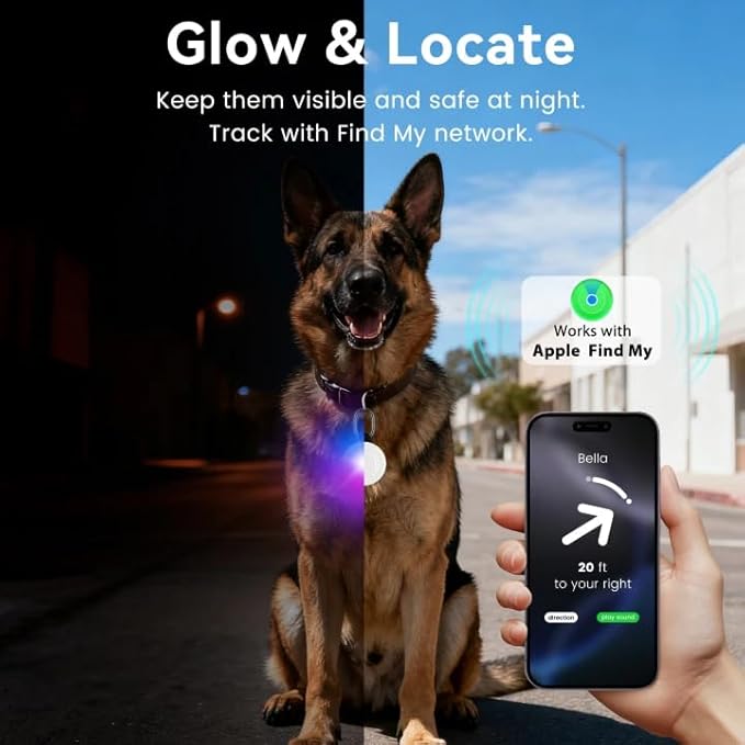 Dog Light with GPS Tracker, Anti-Lost Waterproof Dog Collar Light for Night Walking, Camping, 6 Modes IP68 Rechargeable LED Pet Tracking Lights, Work with Apple Find My, No Monthly Fee(iOS only)