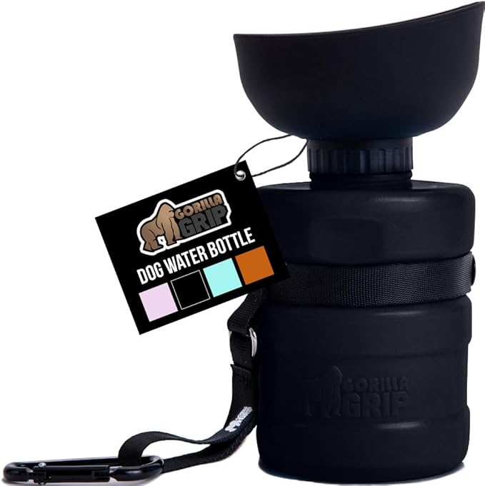 GORILLA GRIP Dog Water Bottle, Portable Water Bowl Dispenser for Dogs, 16 oz Leak Proof Pet Travel Squeeze Bottles, Food Grade Silicone, to Go Puppy Essentials, Hiking Camping Trip Accessories, Black