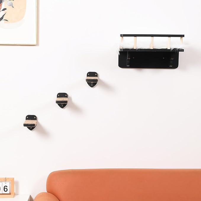 Cat Wall Shelf with 3 Cat Wall Steps,Cat Wall Shelves with Plush Coverd,Cat Climbing Shelf for Indoor Cat,Cat Wall Furniture Cat Shelf for Wall (Black)