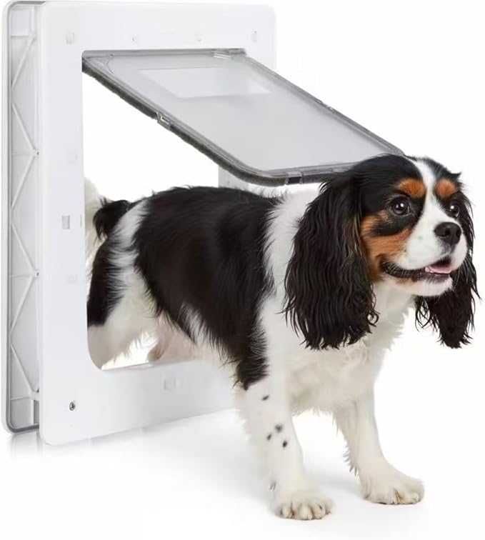 Weatherproof Plastic Dog Door with Secure Locking Panel, Durable White Pet Door 6.5"x9.25" for Large Dogs & Pets, Easy Install for Interior & Exterior Doors, Walls, Screens
