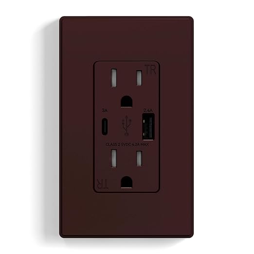 ELEGRP USB Wall Outlet, USB A & C Ports, 15 Amp Duplex Tamper Resistant Receptacle Plug NEMA 5-15R, Wall Plate Included, UL Listed, Matte Brown