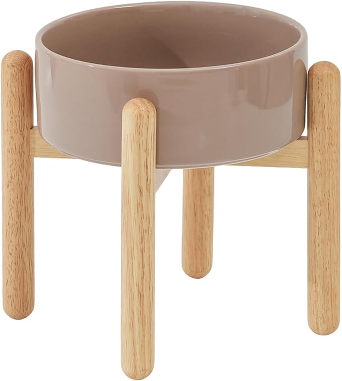 Ceramic 8.2inch Raised Dog Bowl with Stand for Large - Breed Dogs, Pet Food and Water Feeder(Single Bowl with Stand - Brown Coffee)