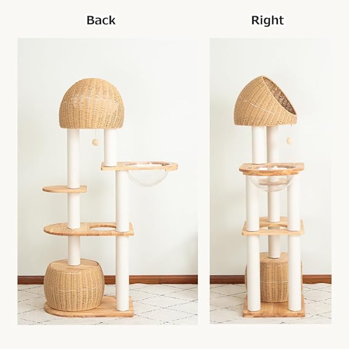 Wood Cat Tree for Large Cat, 60-Inch Tall Cat Tower with Scratching Post for Indoor Cats, Multi-Level Cat Condo with Hand-Woven Cat Bed and Acrylic Bowl Easy to Clean (Brown-81004S)