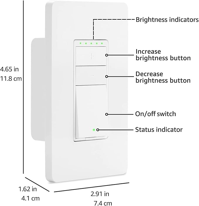 Amazon Basics Smart Dimmer Switch, Single Pole, Works with Alexa Only, 2.4 GHz Wi-Fi, No Hub Required, White