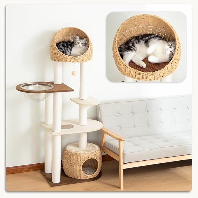 Wood Cat Tree for Large Cats, Modern Indoor Cat Tower with Basket Beds, Cat Condo & Clear Hammock, Multi-Level Wooden Cat Furniture for Home Living Room Decor (Particle Wood)