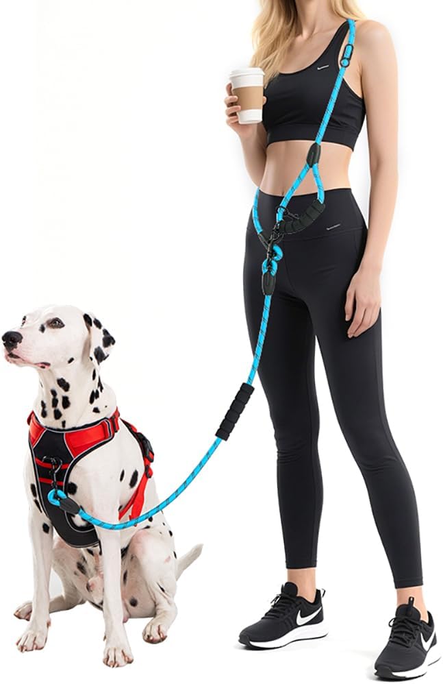 Cymiler Hands Free Dog Leash, 8 Ft Reflective Cross-Body Pet Rope Leashes with Sponge Handle, Heavy Duty Nylon, for Running, Hiking, Training, Waist Leash for Small Medium Large Dogs (Blue)