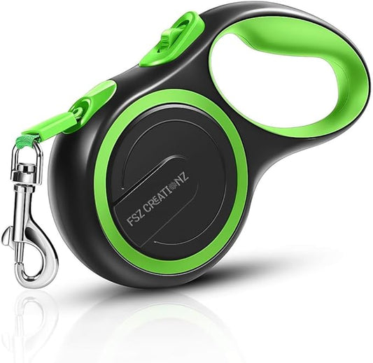 Retractable Dog Leash – 5M Strong Non Chew Nylon Lead with 360° Swivel Hook, One-Touch Lock, Ergonomic Anti-Slip Handle – Green on Black Neon Pet Leash