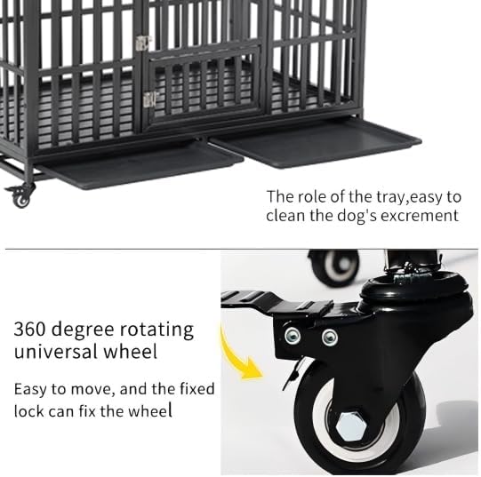52 Inch Heavy Duty Dog Crate, ACIDBOLT Indestructible Escape Proof XL Metal Dog Kennel Cage for Large Medium Small Dogs, Indoor High Anxiety Pet Crate with 2 Door, 4 Lockable Wheels and Removable Tray