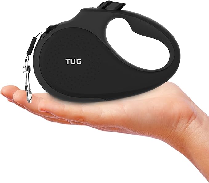 TUG Tiny 360° Tangle-Free Retractable Dog Leash with Anti-Slip Handle | 10 ft Nylon Tape | One-Handed Brake, Pause, Lock (Black/Grey)