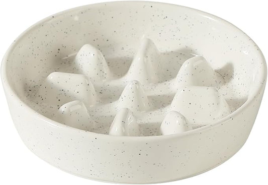 Ceramic 1.2 Cup Dog Bowl Slow Feeder, 7.3 inch Slow Pet Food Dish for Medium and Small Dog, Stop Bloat, Preventing Choking(Single Bowl, Vanilla White)