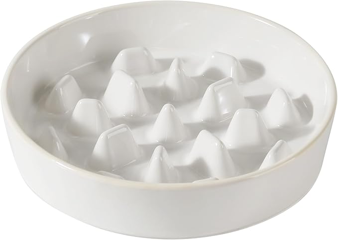 Ceramic 3.2 Cup Dog Bowl Slow Feeder, 9.5 inch Slow Pet Food Dish for Large Dog, Stop Bloat, Preventing Choking(Single Bowl,Reactived Glaze -White)