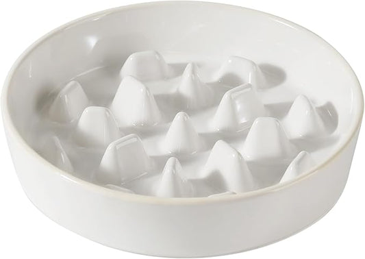 Ceramic 3.2 Cup Dog Bowl Slow Feeder, 9.5 inch Slow Pet Food Dish for Large Dog, Stop Bloat, Preventing Choking(Single Bowl,Reactived Glaze -White)
