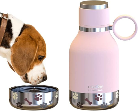 Asobu Buddy Bottle a Stainless Steel Insulated Water Bottle for with Removable Dog Water Bowl and Dog Food and Treat Storage Bowl (Pink, 38 oz Water Bottle with Bowl)