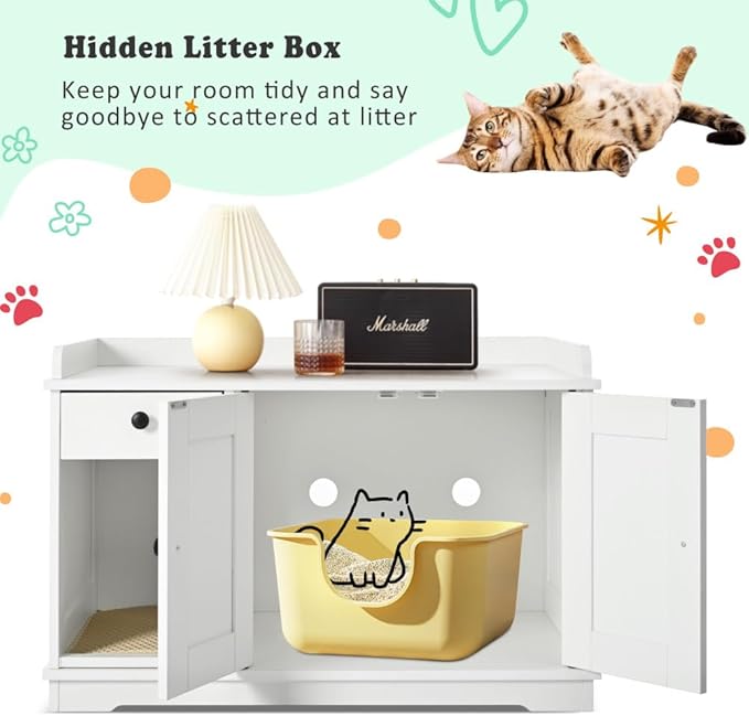 Cat Litter Box Enclosure Furniture with Mat - Hidden Litter Box Cabinet with Storage Drawer & Side Table - Indoor Cat House & Washroom (Hidden Entrance + White + MDF)