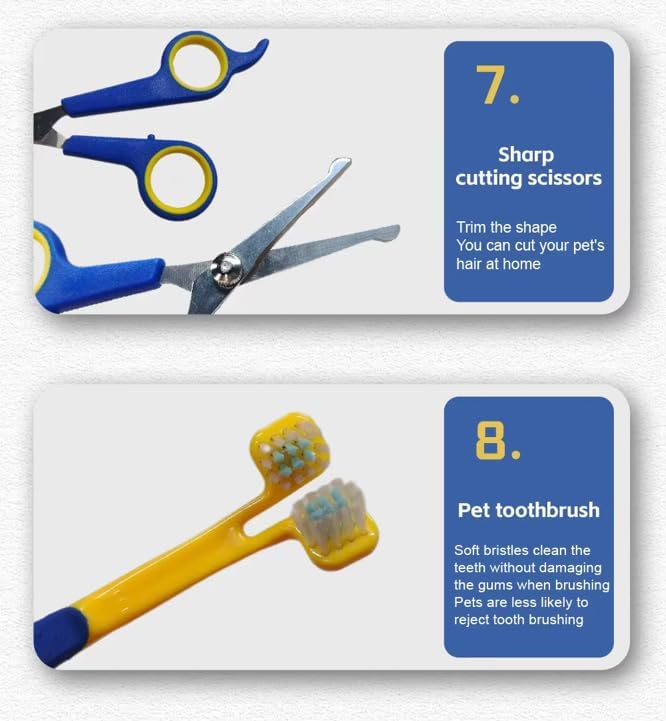 Professional 8-Piece Pet Grooming Kit for Dogs & Cats – Deshedding Brush, Nail Clippers, Scissors, Comb, Grooming,Beauty File,Collapsible Dog Bowls,pet Toothbrush,Glove & Travel Case