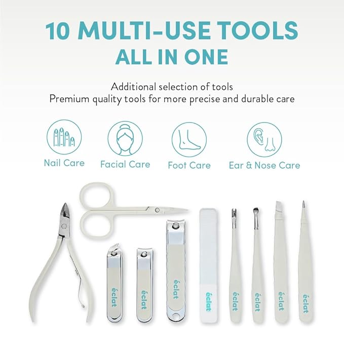 Éclat Manicure Pedicure Kit for Men & Women, 10Pcs Finger & Toe Nail Care Tools Includes Nail Clipper Cutter, Tweezer, File, Cuticle Pusher, Personal Care Professional Grooming Set With Travel Case