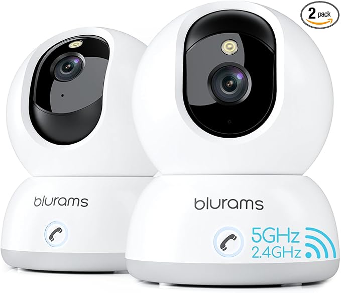 blurams 5G Indoor Camera, 2K Nanny Cam, 360° PTZ Pet Camera with Phone App, One-Touch Call, Color/IR Night Vision, Dual-Band Wi-Fi, Motion Tracking, Compatible with Alexa(2Pack)