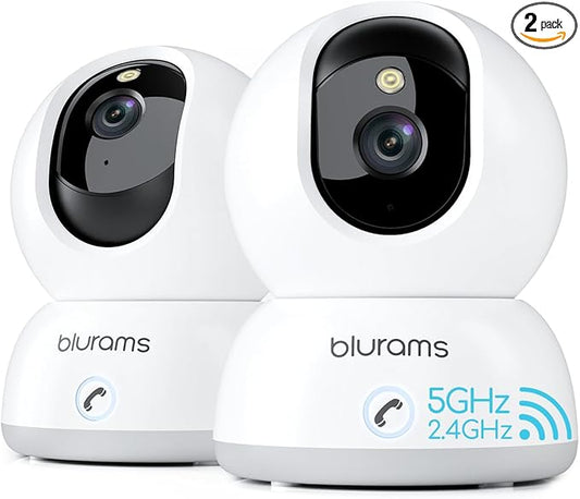 blurams 5G Indoor Camera, 2K Nanny Cam, 360° PTZ Pet Camera with Phone App, One-Touch Call, Color/IR Night Vision, Dual-Band Wi-Fi, Motion Tracking, Compatible with Alexa(2Pack)