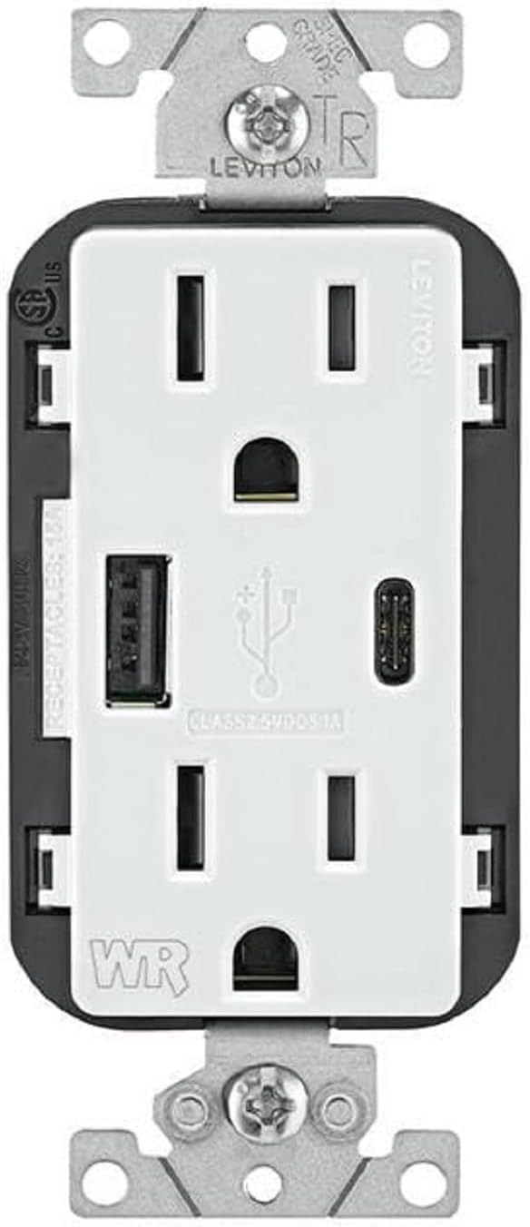 Leviton Type A & Type-C USB In-Wall Charger with 15A Tamper-Resistant Outlet, Outdoor USB Charger for Smartphones and Tablets, Not for Laptops, W5633-W, White