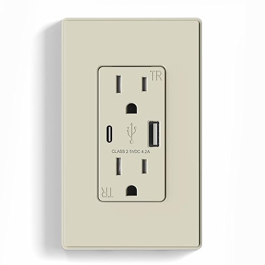 ELEGRP USB Charger Wall Outlet, USB Receptacle with USB A & USB C Ports, 15 Amp Duplex Tamper Resistant Receptacle Plug NEMA 5-15R, Wall Plate Included, UL Listed, 1 Pack, Matte Light Almond
