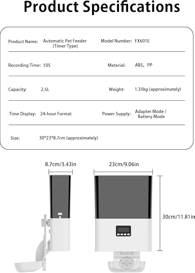 Automatic Pet Feeder for Cats and Small Dogs, Cage-Mounted Smart Food Dispenser, 2.5L Capacity, Timed & Portion Control Feeding, Dual Power Supply (Plug-in & Battery-C), Easy to Clean