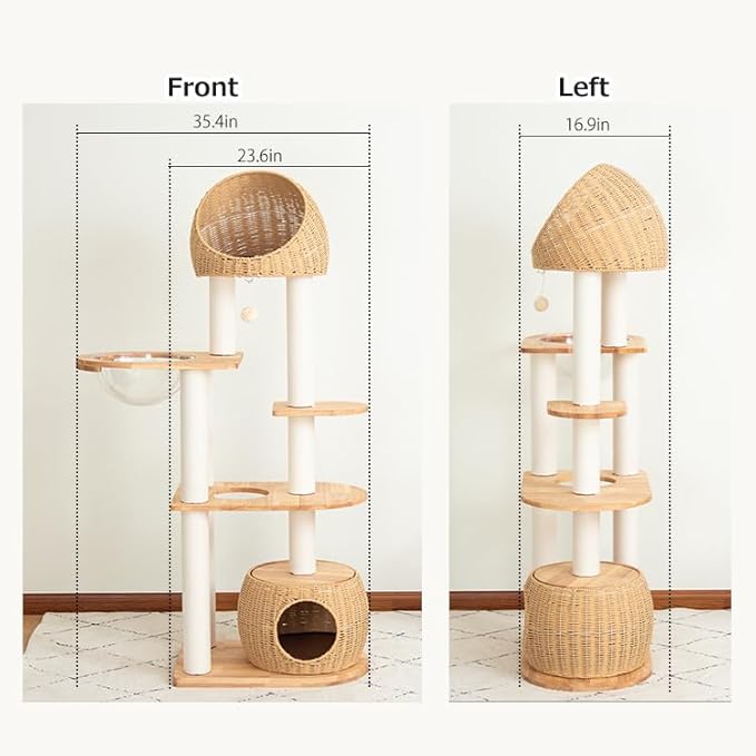 Wood Cat Tree for Large Cat, 60-Inch Tall Cat Tower with Scratching Post for Indoor Cats, Multi-Level Cat Condo with Hand-Woven Cat Bed and Acrylic Bowl Easy to Clean (Brown-81004S)