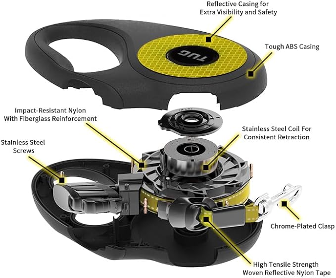 TUG 360° Tangle-Free Reflective Retractable Dog Leash | 16 ft Strong Nylon Tape (Medium)