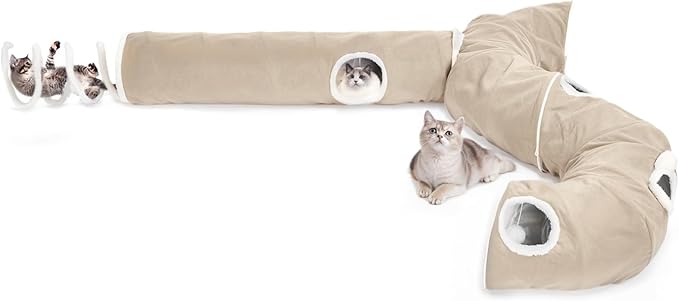 Ownpets 2-in-1 Cat Tunnel, Large Lollipop Shape Cat Tunnel Toy with Fluffy Balls, Spiral Toy, Plush Collapsible Cat Cave Hideout Donut Tunnel for Multi Kitten Puppy Rabbit (Beige)