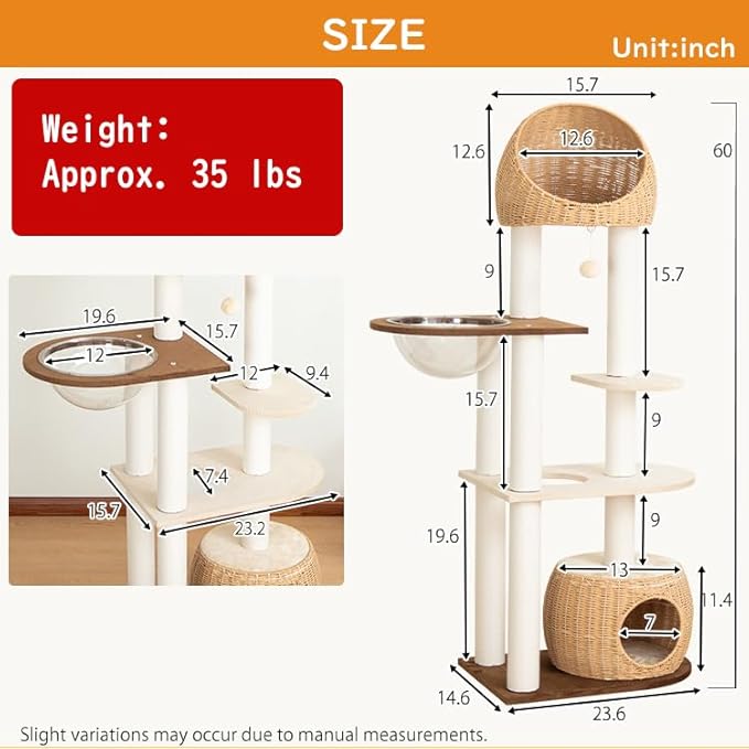 Wood Cat Tree for Large Cats, Modern Indoor Cat Tower with Basket Beds, Cat Condo & Clear Hammock, Multi-Level Wooden Cat Furniture for Home Living Room Decor (Particle Wood)
